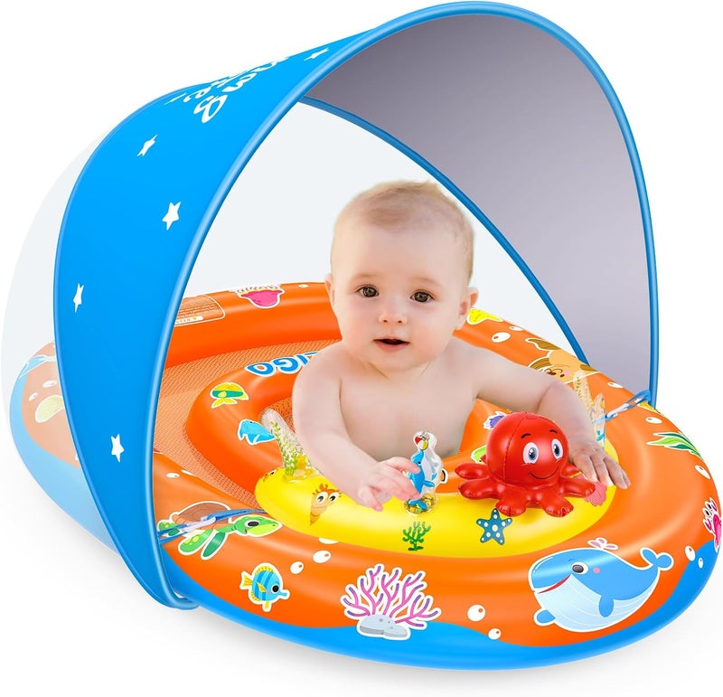 EZIGO Baby Pool Float with Canopy UPF 50+ Sun Protection, Double Air Chambers Infants Swimming Floats with Sound Toys Adjustable Safety Seat Toddler Float for Boys and Girls 6-36 Months - Image 1